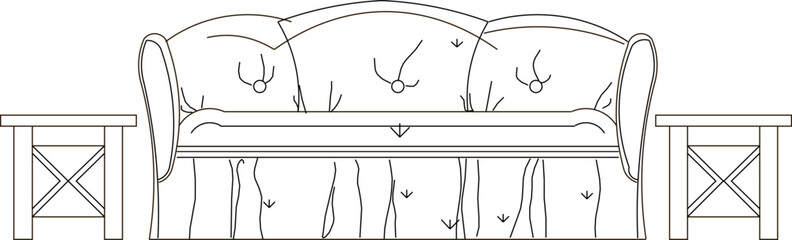 Vector silhouette illustration sketch of detailed architectural design of living room furniture interior with guest sofa table and chairs