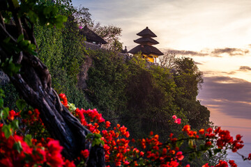 A temple perched on a cliff with blossoming flowers in the foreground, creating a picturesque and...