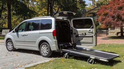 Obraz premium Wheelchair accessible minivan is parked outside with the ramp extended and the side door open
