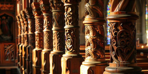 Fototapeta premium Pillars of Faith: A row of intricately carved wooden church pillars, basking in soft sunlight streaming through stained glass windows.