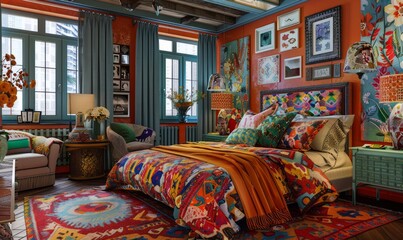 Eclectic bedroom with a mix of patterns and vibrant colors
