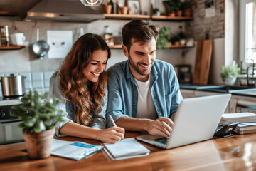 A couple is planning a budget at the kitchen table. Smiling man
