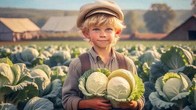 Blond farmer boy around 1900 in simple clothing harvesting white cabbage in the field. Agricultural work. In the background are several barns. Animated image.