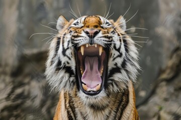 Sumatran tiger showing teeth and tongue roaring wild animal