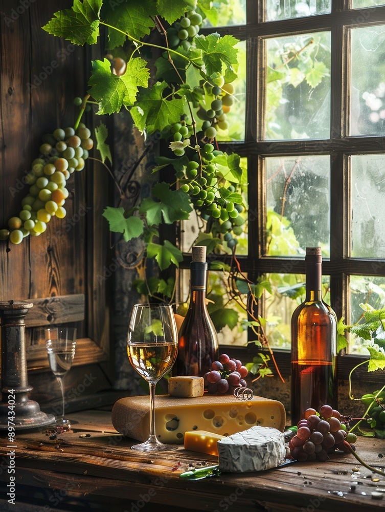 Aufkleber Two wine bottles and a glass of wine sit on a wooden table with cheese and grapes in a cozy setting with a window in the background. Generative AI