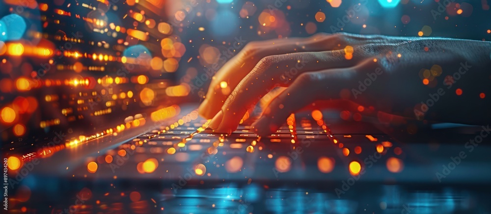 Aufkleber hands typing on a laptop keyboard with bokeh lights