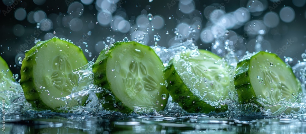 Poster cucumber slices splashing in water