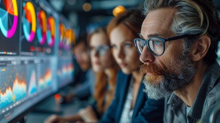 Five coworkers examining colorful data visualizations contemporary office realistic natural lighting highly detailed