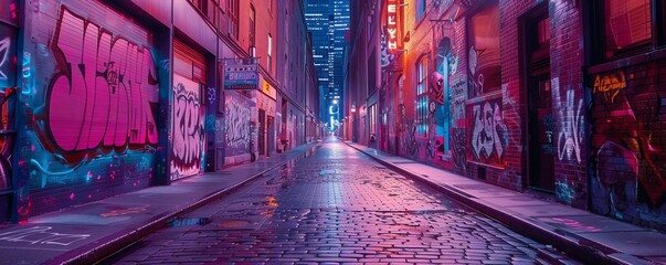 Fototapeta premium Zagadkowa alejka ozdobiona kolorową sztuką uliczną, hiperrealistyczne zdjęcie 4K