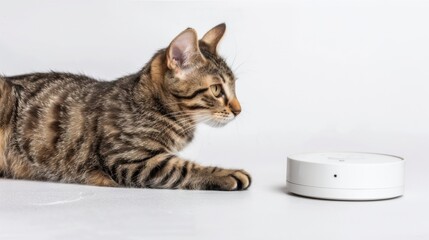 Curious Kitty: A playful tabby cat stares intently at a white, circular object, its curiosity piqued. This image evokes a sense of playful exploration and the irresistible allure of the unknown. 