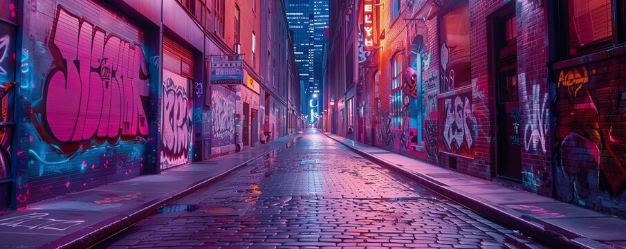 Enigmatic alleyway adorned with colorful street art, 4K hyperrealistic photo