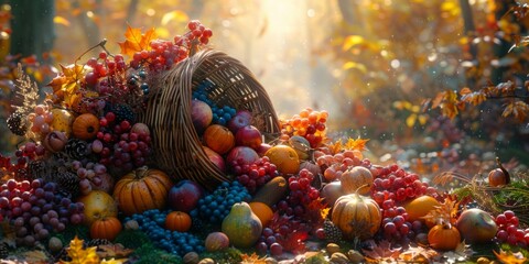 Harvest cornucopia with fruits and nuts for National Cornucopia Day, November 20th, autumn abundance, festive display, seasonal produce