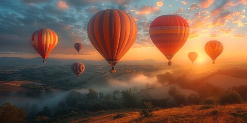 Fototapeta premium Hot air balloons rising at dawn for National Hot Air Balloon Day, August 20th, colorful balloons, picturesque landscape, serene flight