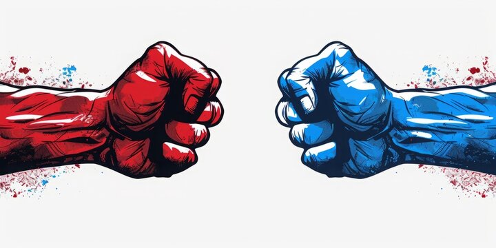 Clash of Ideologies: Red and Blue Fists Symbolize Political Conflict