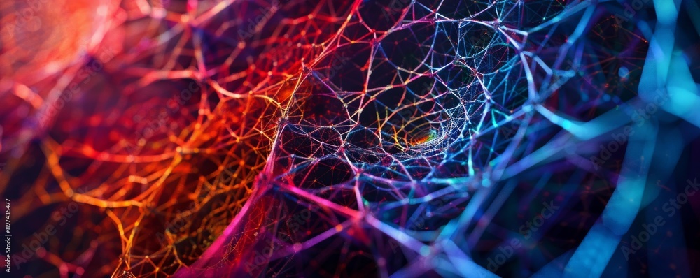 Poster intricate web of multicolored threads forming a mesmerizing geometric design, capturing the beauty o