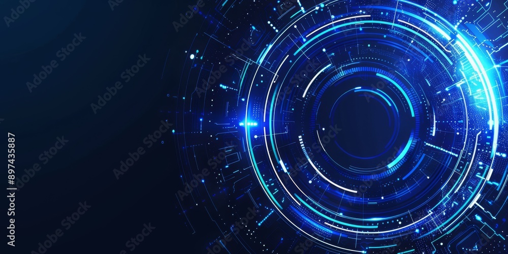 Poster a futuristic tech theme unfolds with blue lights and digital elements in an abstract and artistic ba