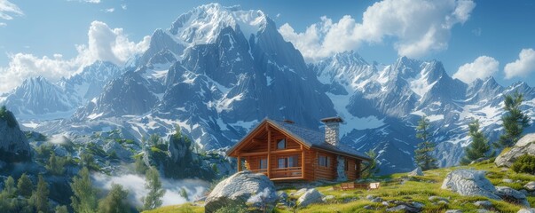 Fototapeta premium Cozy mountain cabin surrounded by snow-capped peaks, 4K hyperrealistic photo