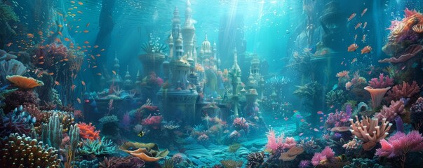 An underwater palace of coral and pearl, inhabited by merfolk and guarded by schools of colorful fish.