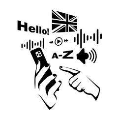 The student is learning English online. Template for a language learning app. Studying with a smartphone, listening, and speaking in English. Phone in hand. Vector illustration flat line design.