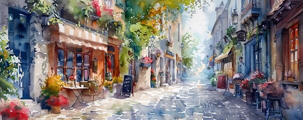 Fototapeta premium A watercolor painting of a quaint cobblestone street lined with charming shops, cafes, and old-fashioned buildings.
