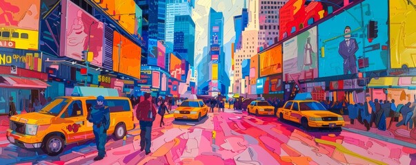 Fototapeta premium A vibrant acrylic painting of a bustling city street scene.