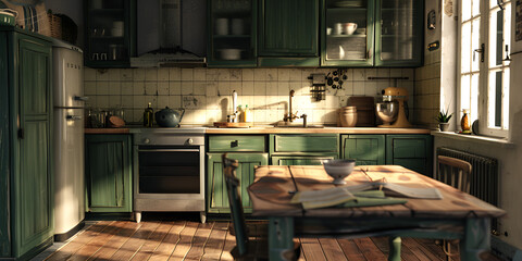 Vintage kitchen cabinets Charming cottage kitchen vintage cabinets in rich hues wooden dining table presenting fresh pie, Interior of a kitchen in an old house, generative AI

