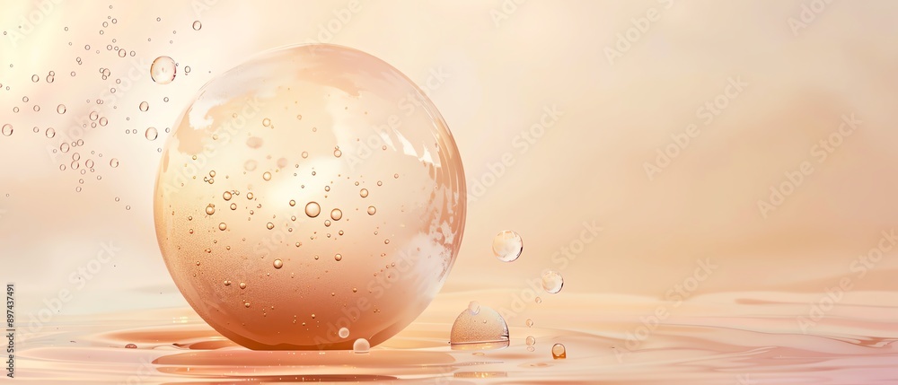 Poster elegant, abstract close-up of a transparent bubble with light reflections on a soft peach background