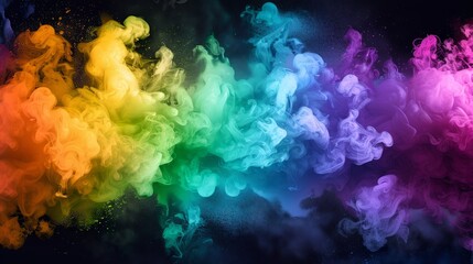 Swirling colorful smoke creates vibrant abstract shapes on a dark background, resembling a fantasy world. Perfect for wallpaper or projects needing a burst of color and energy