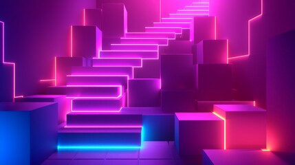 Illuminated neon lights highlighting a staircase in a vibrant purple abstract room