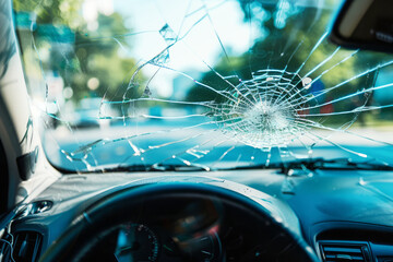 View from inside car with cracked windshield against blurred street background. Damaged vehicle in road traffic accident. Concept of insurance of life and property against road accidents