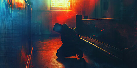 Footsteps of Faith: A person kneeling before a church confessional, seeking guidance and forgiveness.