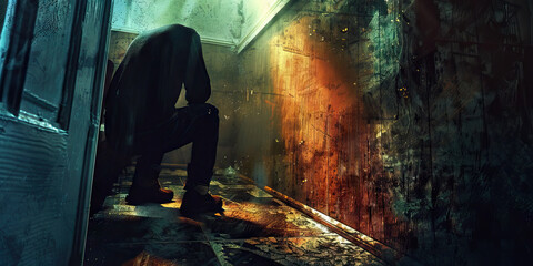 Footsteps of Faith: A person kneeling before a church confessional, seeking guidance and forgiveness.