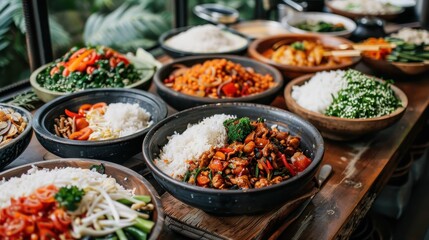 A variety of appetizing dishes including rice, vegetables, and meats, are perfectly arranged for a grand feast, showcasing a wide range of culinary skills and delicious cuisine.
