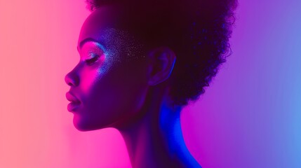 Profile of a woman in vivid neon lighting, blending pink and blue tones, showcasing modern beauty and artistic portrait photography.