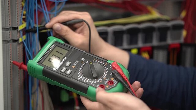 cabinet with electrical equipment. ammeter. close-up multimeter. Slow motion video. High quality video in 4K format.
