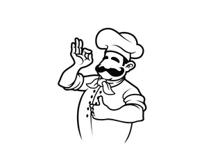 Stylized chef big mustache men uniform showing okay gesture sign with his hand, flat vector illustration