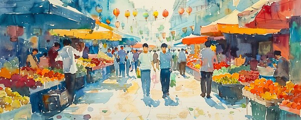 A watercolor painting of a bustling city market, with colorful stalls overflowing with fresh produce, handcrafted goods, and lively chatter, the air filled with the sounds of bargaining and laughter.