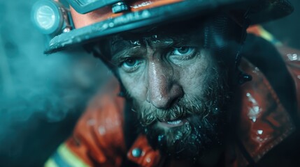 A firefighter wearing full gear, standing amidst smoke and glowing embers, portraying bravery and the intense atmosphere as they perform a courageous duty.