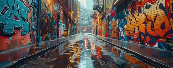 Enigmatic alleyway adorned with colorful street art, 4K hyperrealistic photo