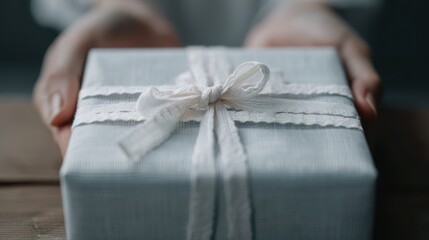This image shows a pair of hands extending a white gift box wrapped with a white ribbon, portraying a gesture of giving, celebration, and generosity in a soft-focus background.