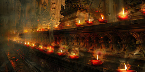 Obraz premium Votive Candlelight: A row of flickering candles illuminating an intricately detailed altar