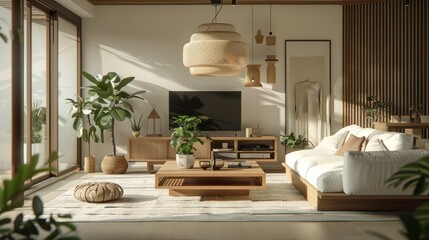 A living room with a white couch, a coffee table, and a television