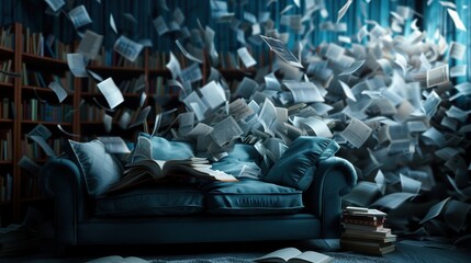 A cozy blue couch is amidst chaos with hundreds of books flying around in a library, symbolizing an explosion of knowledge and the endless pursuit of learning.