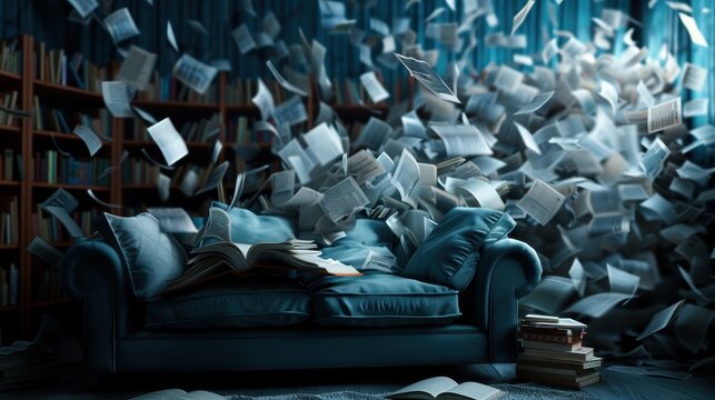 A cozy blue couch is amidst chaos with hundreds of books flying around in a library, symbolizing an explosion of knowledge and the endless pursuit of learning.