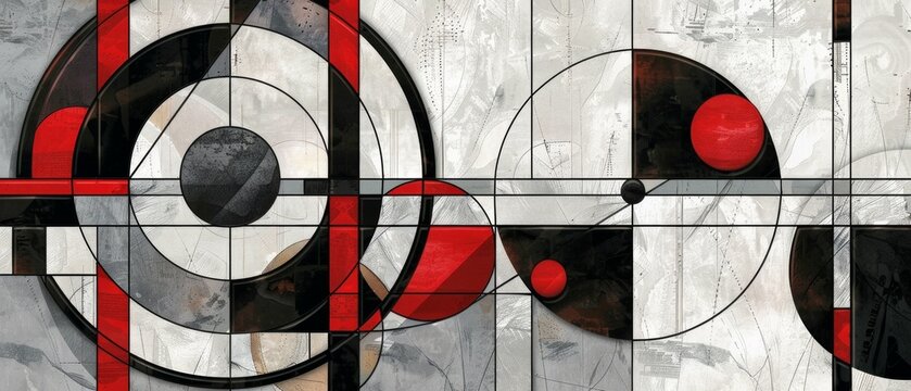 Abstract geometric digital painting with circles in black, red, grey, and white. Retro vibe with rhythm and depth, creating a modern, mysterious aesthetic.