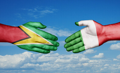 Italy and Guyana country handshaking with flags, consensus concept international co-operation illustration