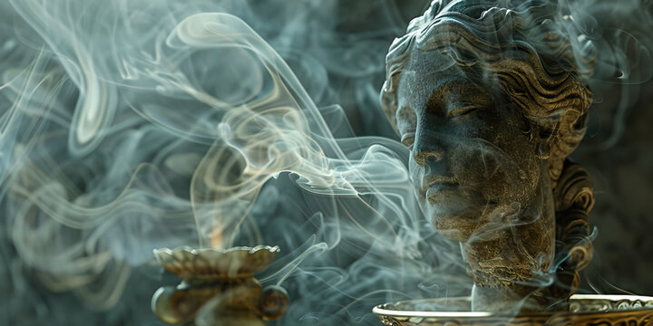 Incense-Infused Sanctuary: A cloud of fragrant smoke rising from a thurible, wafting over ancient statues.