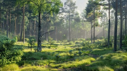 Obraz premium Sunbeams Through the Forest