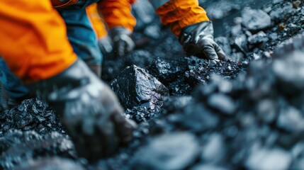 A miner's gloved hands are seen closely handling a chunk of coal, showcasing the attention to detail and perseverance required in the coal mining industry.