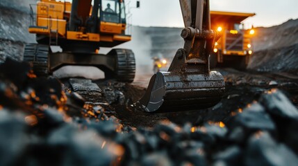 Heavy digging equipment operates efficiently in an open mining site, with multiple vehicles in use, capturing the industrious environment and technical prowess involved.